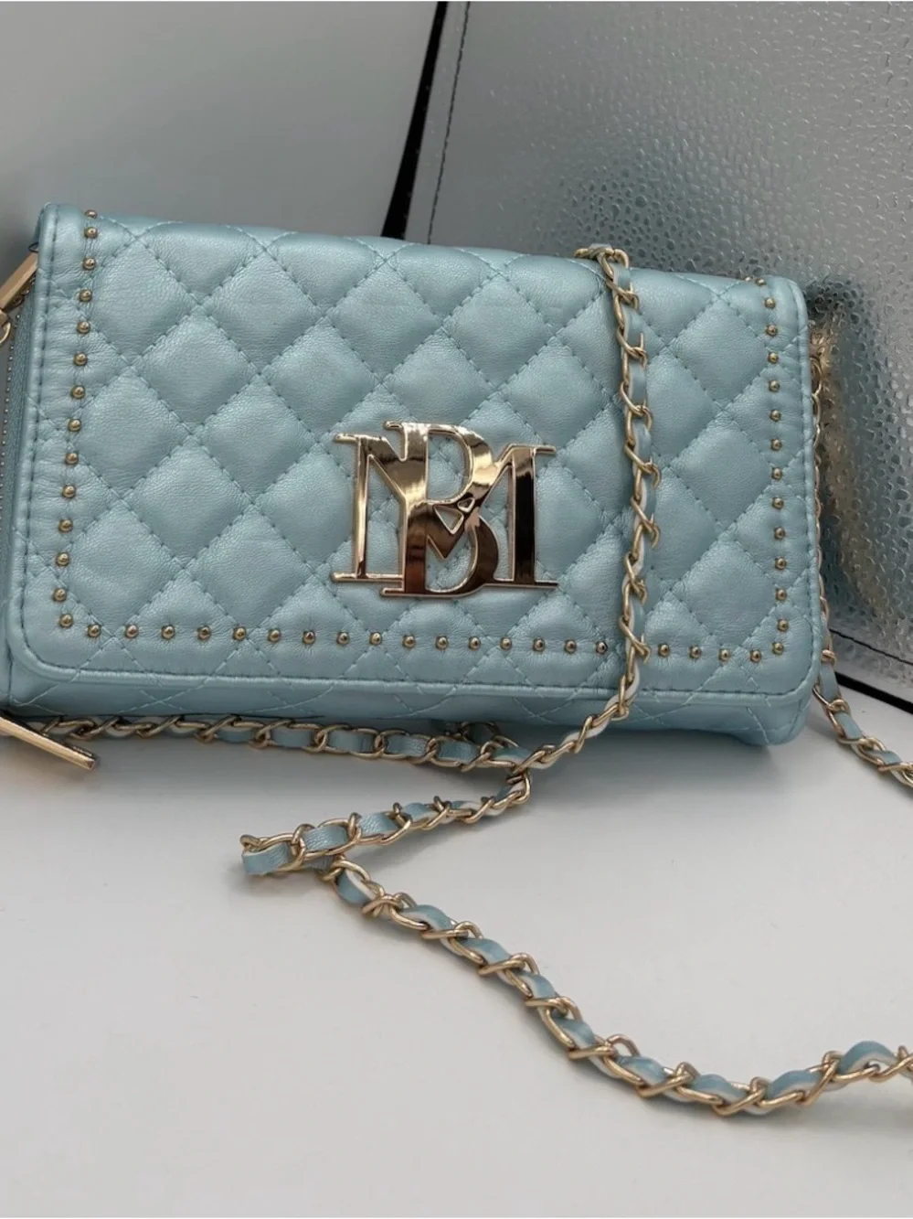 Badgley Mischka Quilted Light Blue Crossbody Wallet with Gold Chain and Logo